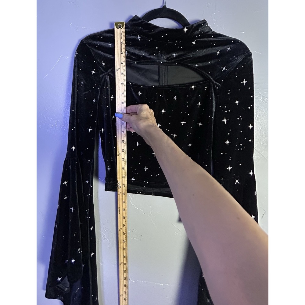 Cider Black Velvet Star Bell Sleeve Crop Top Celestial Whimsy Goth Women's L - Picture 9 of 11